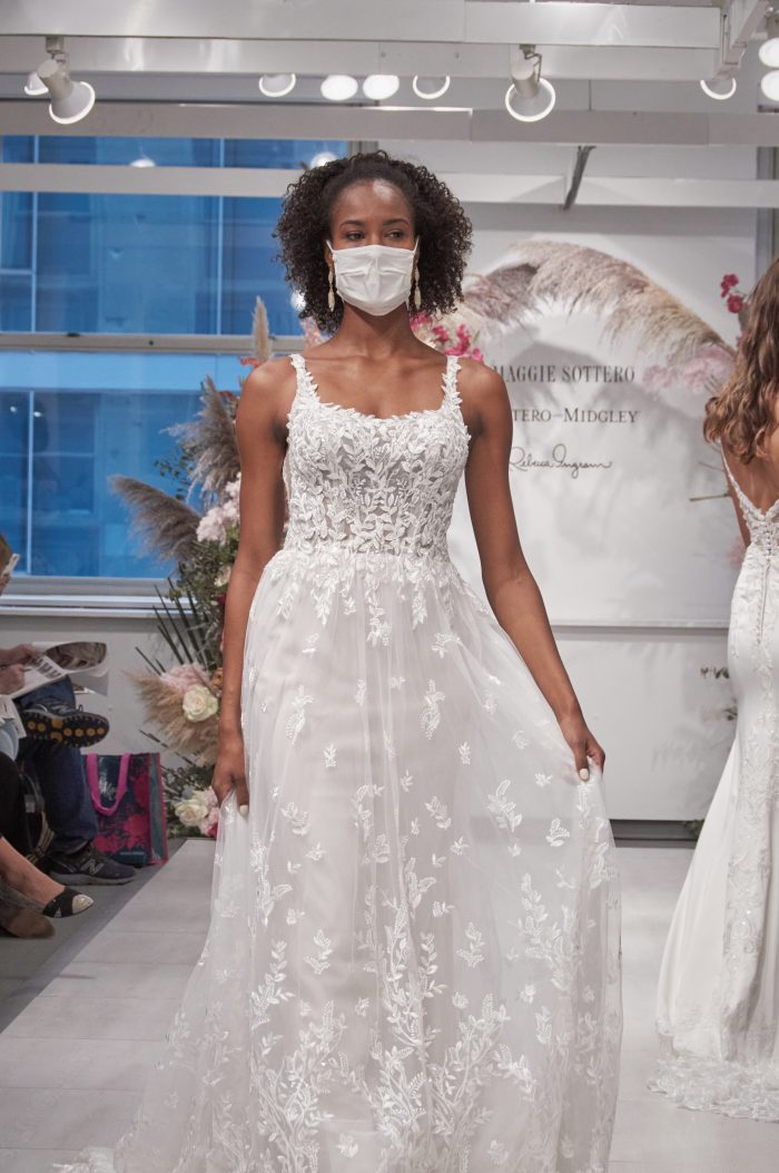 Model Wearing Square Neck Floral Wedding Dress Called Mindel by Maggie Sottero on Runway