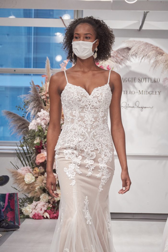 Model Wearing Relaxed Fit-and-Flare Bridal Gown Called Sebastiane by Maggie Sottero on a Runway