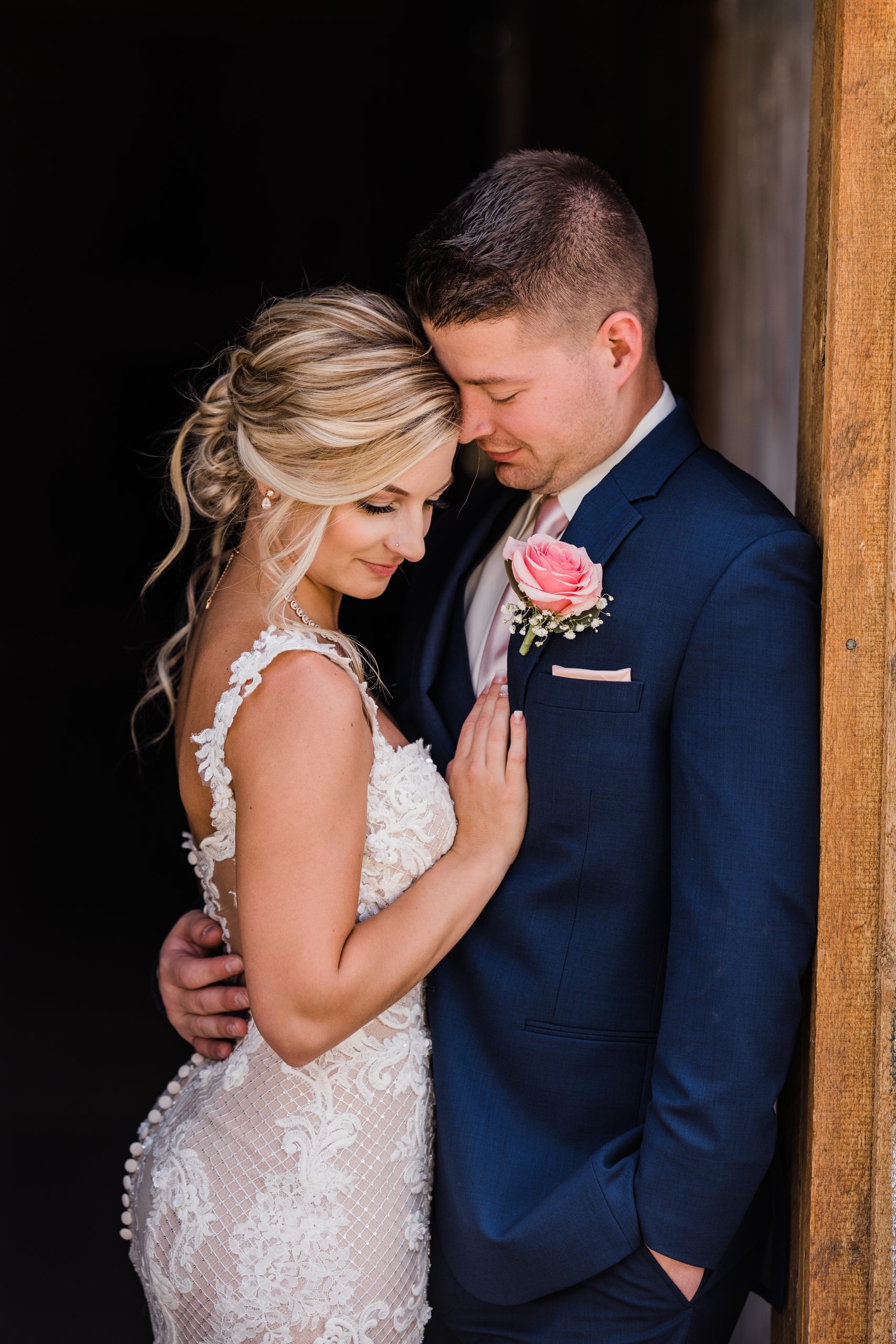 Groom with Real Bride Wearing Lace Wedding Dress Called Abbie by Maggie Sottero