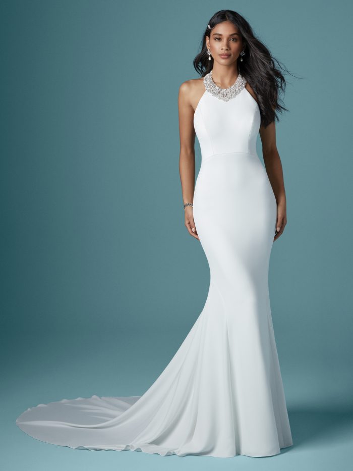 Model Wearing Crepe Halter Neck Bridal Gown Called Dawson by Maggie Sottero
