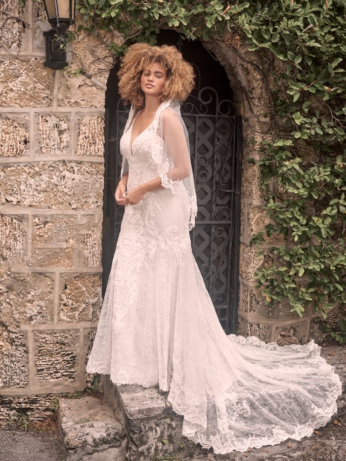 Model Wearing Whimsical Lace Fit-and-Flare Wedding Dress Called Esther by Maggie Sottero
