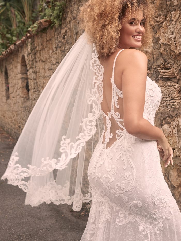 Bride Wearing Backless Lace Wedding Gown with Short Veil Called Esther by Maggie Sottero