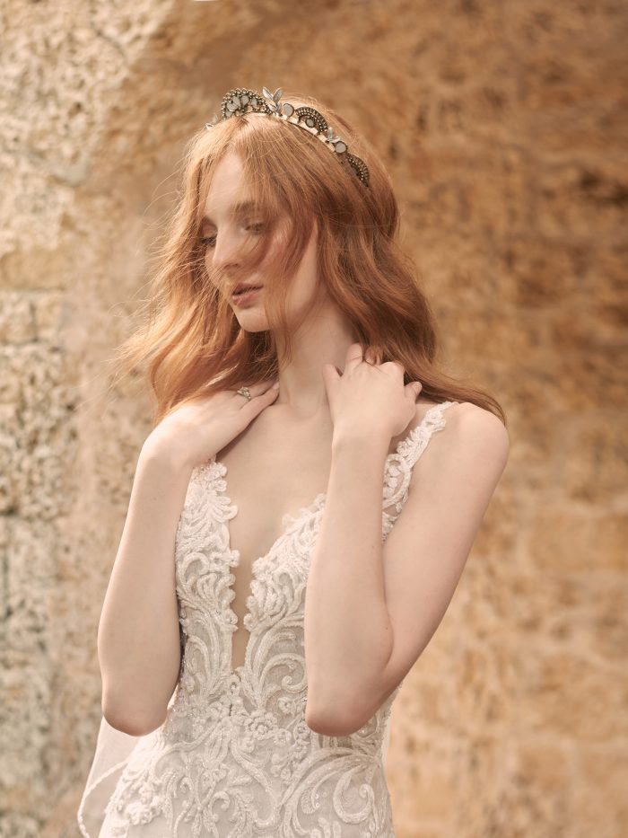 Bride Wearing Sleeveless Lace A-line Wedding Dress Called Johanna by Maggie Sottero
