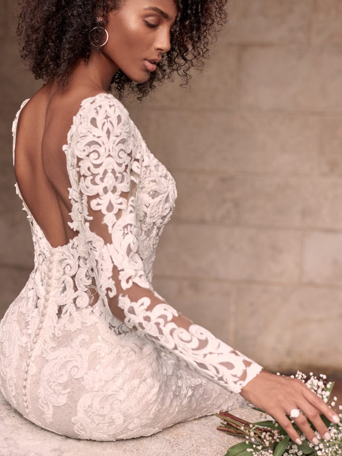 Black Model Wearing Sparkly Lace Sheath Bridal Gown Called Tuscany Royale by Maggie Sottero
