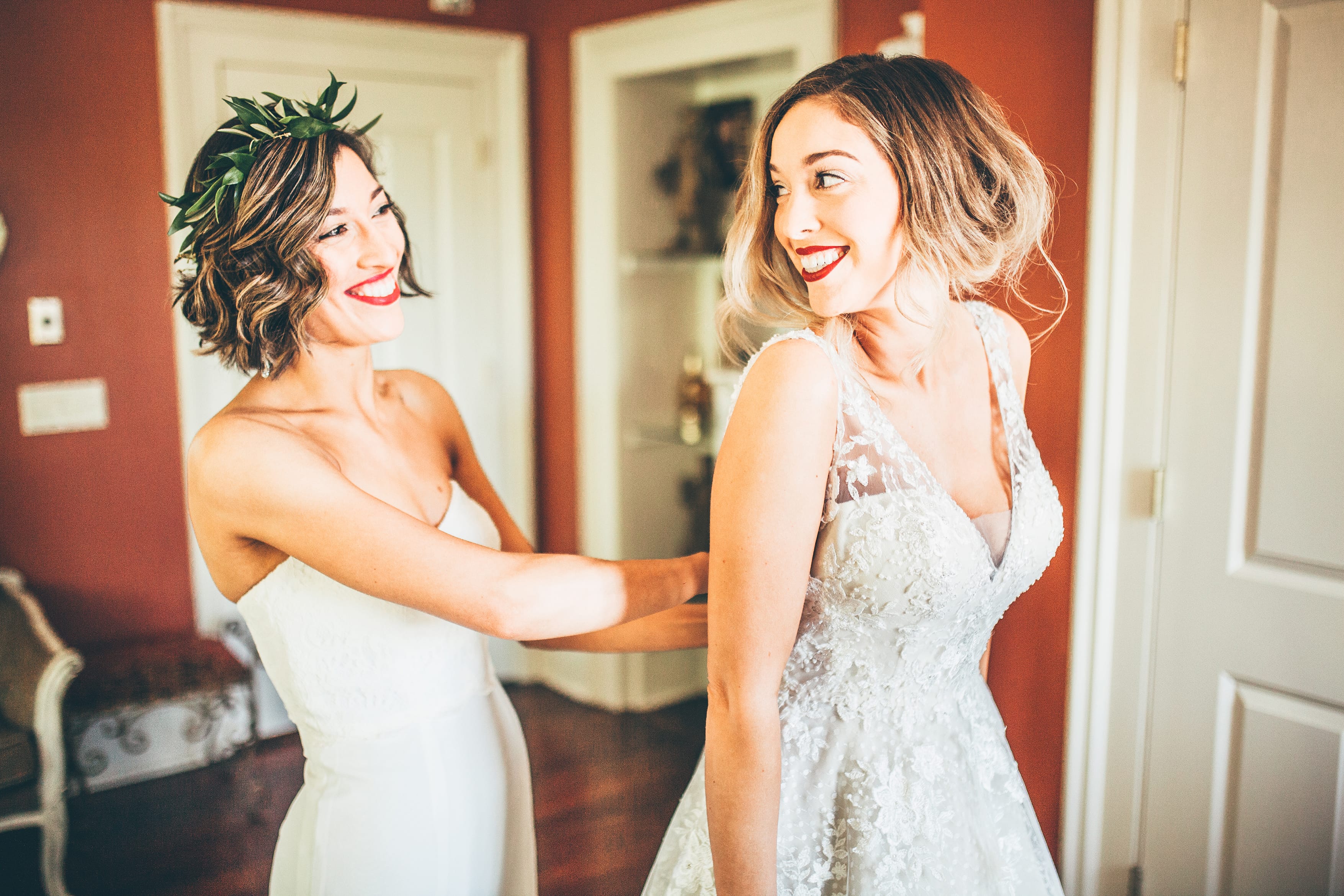 Woman Showing Panties While Bridal Gown Fitting In Wedding Fashion