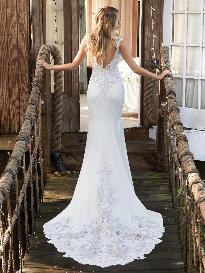 Lace Crepe Sheath Wedding Dress with Low V Back by Rebecca Ingram