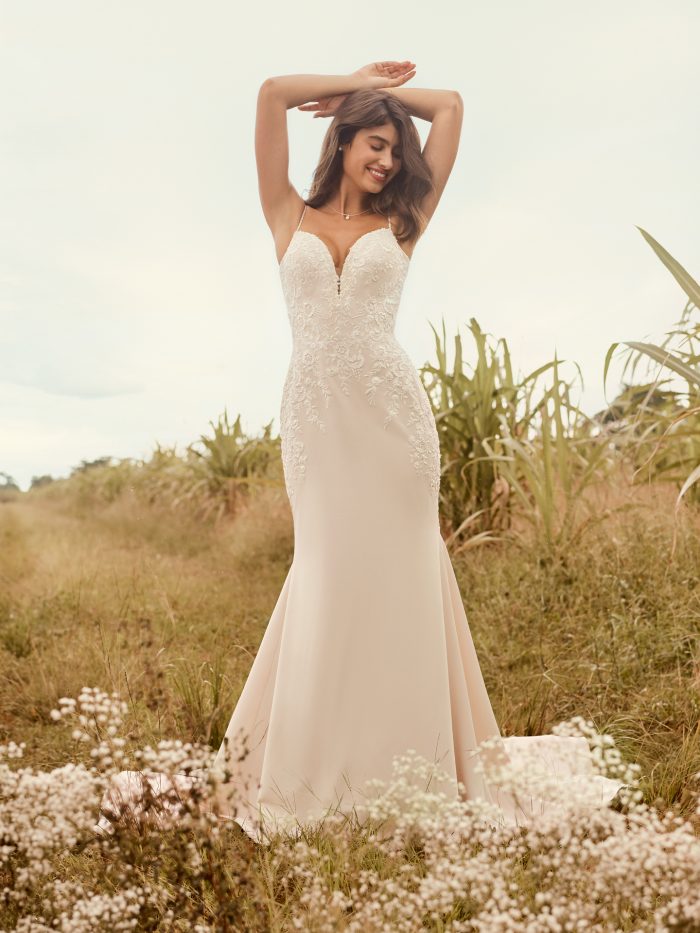 Model Wearing Casual Lace Sheath Bridal Gown Called Aubrey by Rebecca Ingram