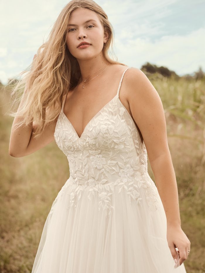 Bride Wearing Affordable Spaghetti Strap A-line Bridal Gown Called Holly by Rebecca Ingram