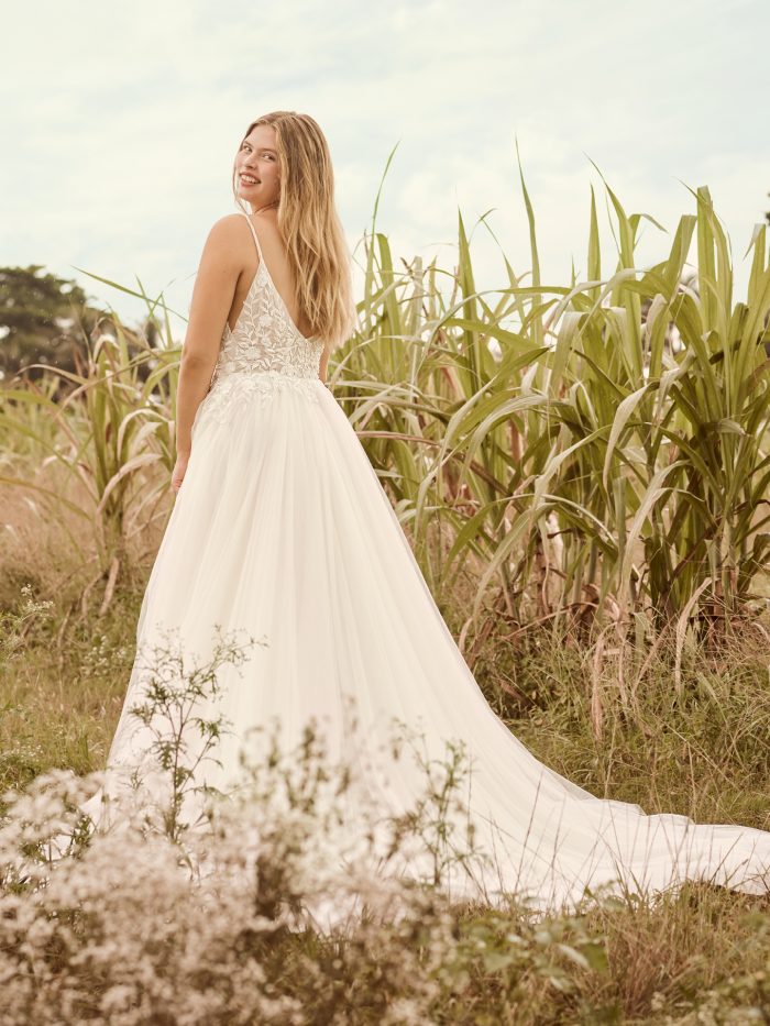 Bride Wearing Affordable Spaghetti Strap A-line Bridal Gown Called Holly by Rebecca Ingram