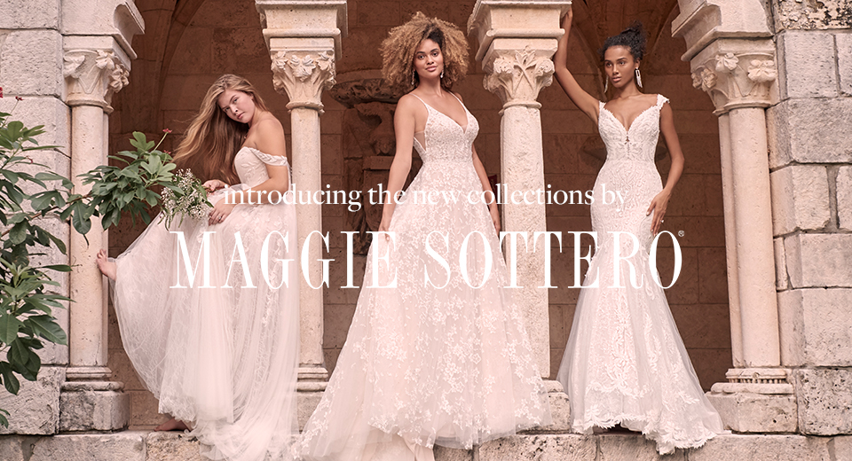 Header with Three Diverse Models Wearing Spring 2021 Wedding Dresses by Maggie Sottero