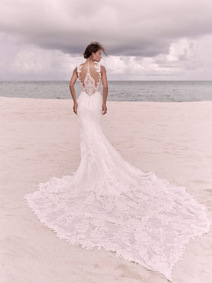 Bride on Beach Wearing Intricate Statement-Back Wedding Dress Called Hamilton by Sottero and Midgley