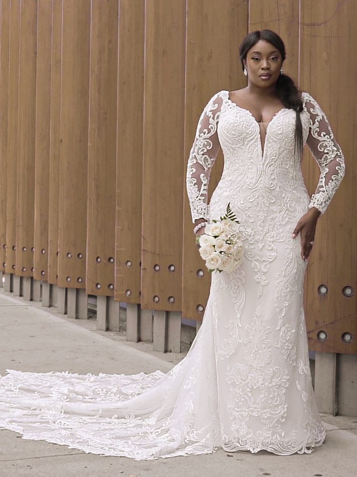 Black Curvy Model Wearing Plus Size Wedding Gown Called Hamilton Lynette by Sottero and Midgley