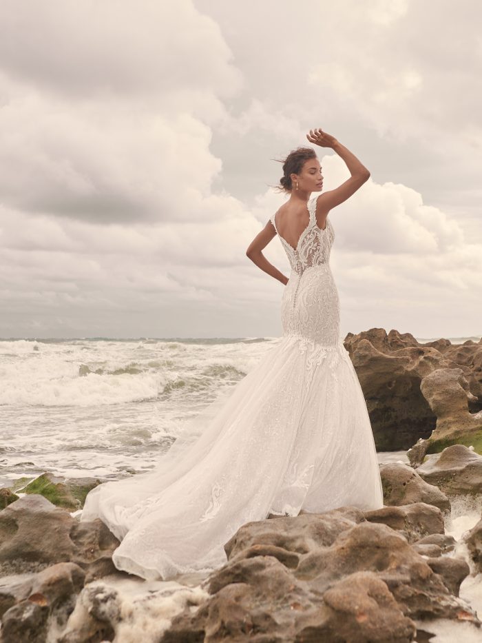 Bride On Beach Wearing Cap-Sleeve Lace Mermaid Wedding Dress Called Joss by Sottero and Midgley