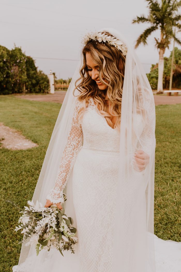 Real Bride Wearing White Boho Flower Crown and Lace Sheath Wedding Dress Called Antonia by Maggie Sottero