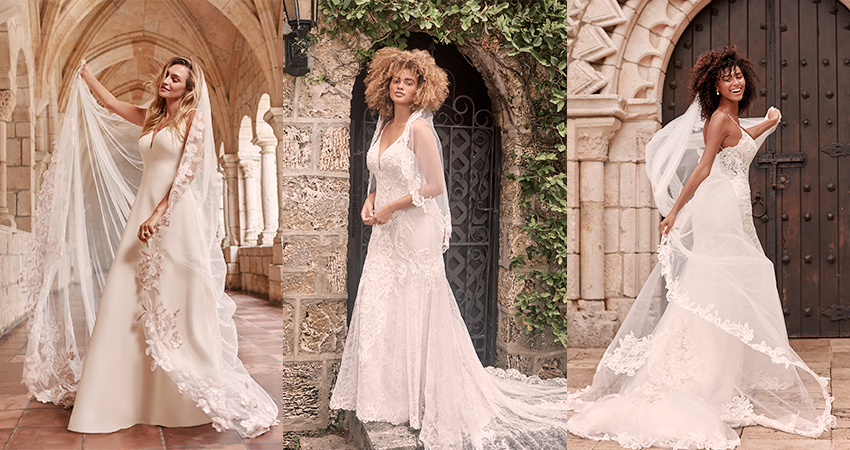 Collage of Models Wearing Gorgeous Vintage Wedding Veils and Wedding Dresses by Maggie Sottero