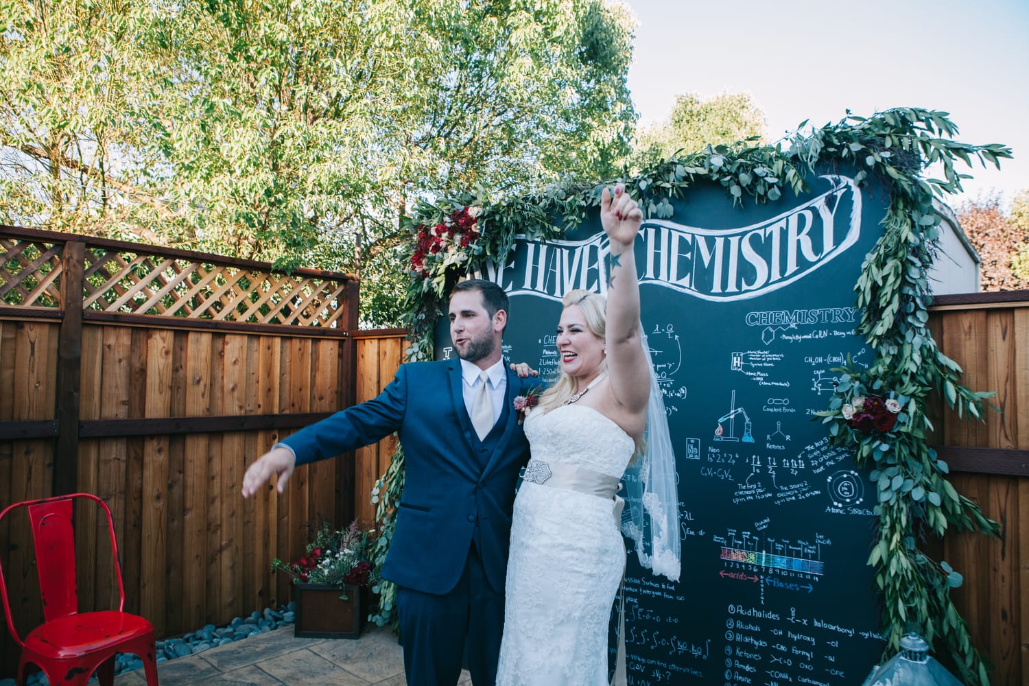 Maggie Bride, Christy, wore our Chesney gown: Christy and James’ Chemistry-themed Wedding