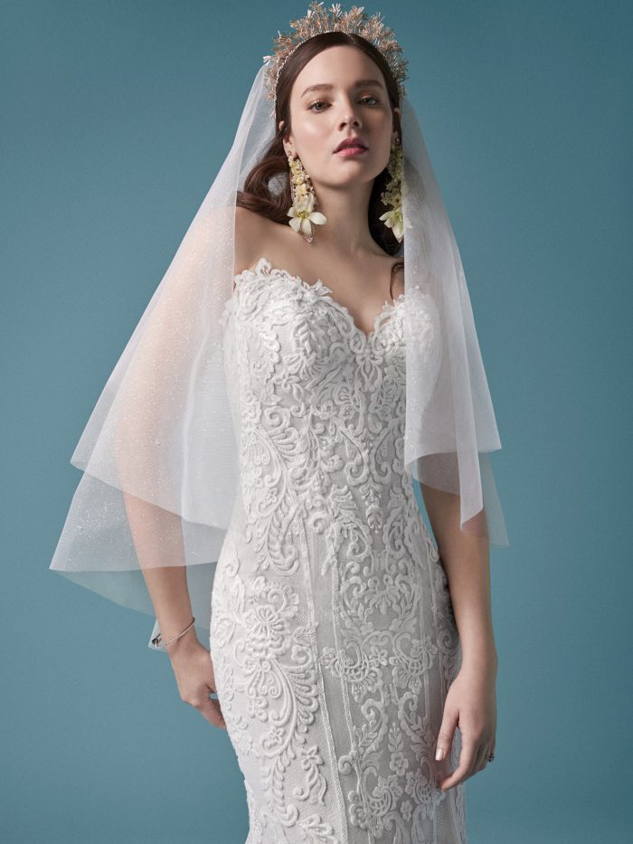 Model Wearing Strapless Lace Wedding Gown with Fingertip Sparkle Tulle Wedding Veil Called Erin Marie by Maggie Sottero