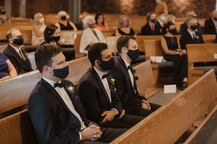 Wedding Guests at Church Wedding Ceremony Wearing Masks During COVID