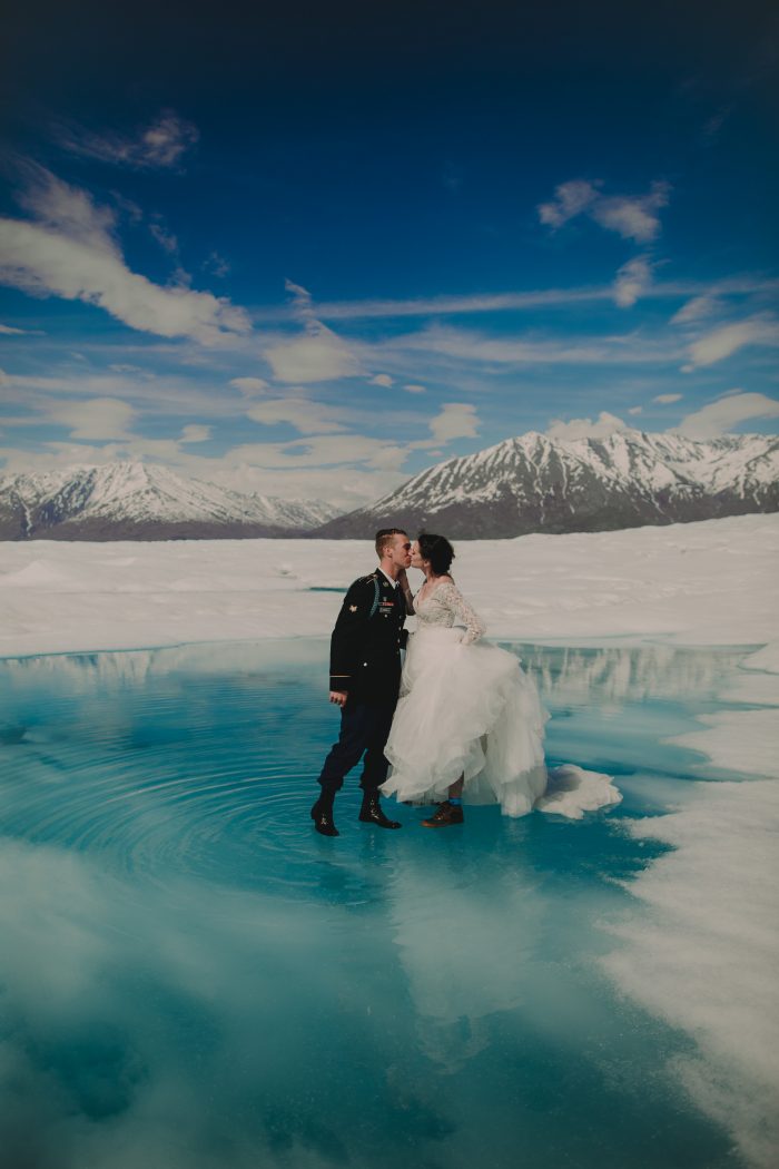 Groom with Real Bride Getting Married on Glacier in Alaska in Romantic Destination Wedding