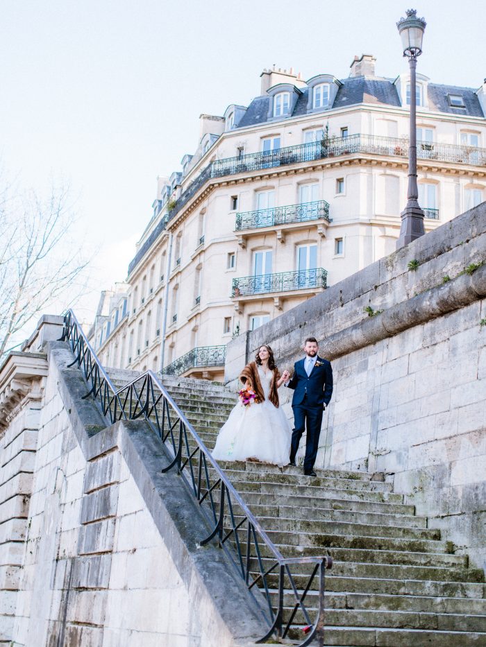 Groom with Real Bride Wearing Ball Gown Wedding Dress by Maggie Sottero at Destination Wedding in Paris France