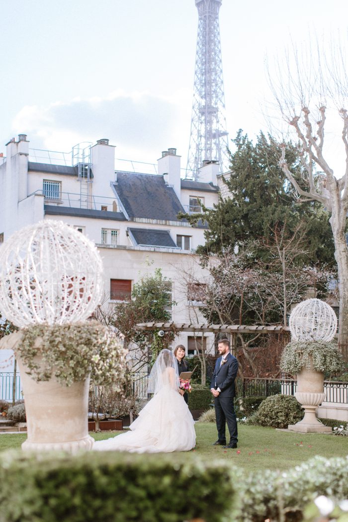 Real Bride and Groom Eloping by Eiffel Tower in Paris France in Maggie Sottero Wedding Dress