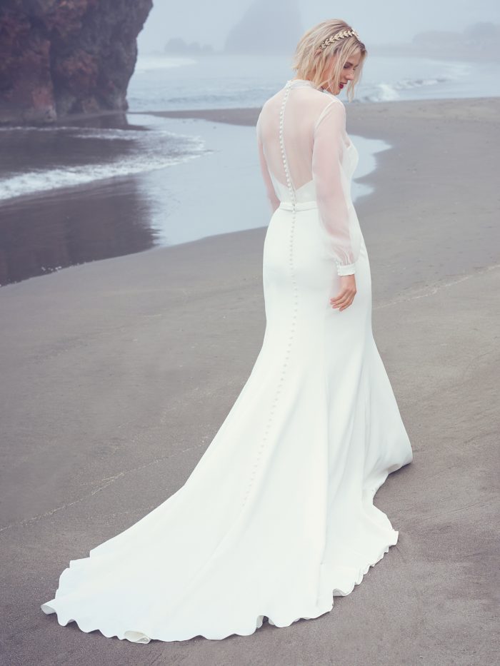 Bride From Back Wearing Crepe Sheath Wedding Dress Called Lupita by Sottero and Midgley