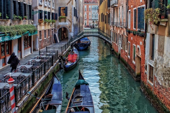 Street View of Canal and Gondolas in Venice Italy