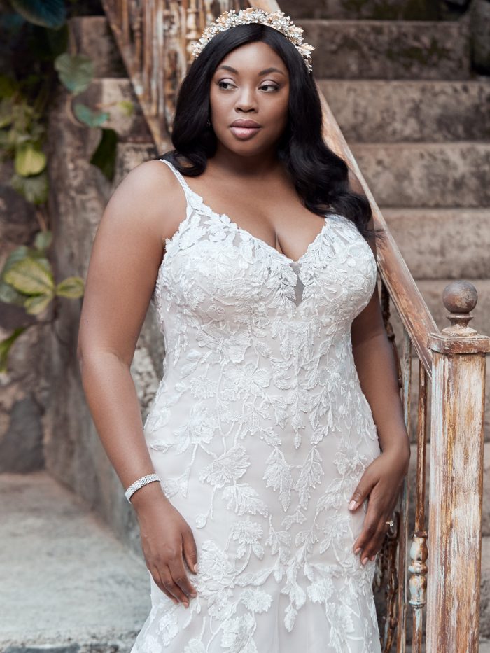 Curvy Bride Wearing Plus Size Boho Wedding Gown Called Giana Lynette by Maggie Sottero
