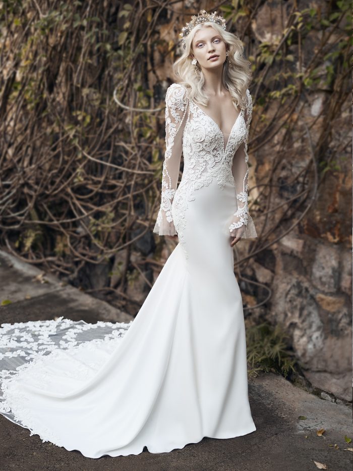 Model Wearing Lace Puff Sleeve Wedding Dress Called Nikki by Maggie Sottero
