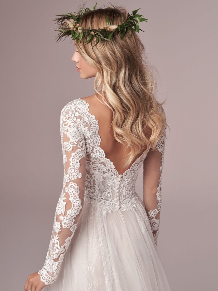 Model Wearing Long Sleeve Boho Lace Wedding Dress