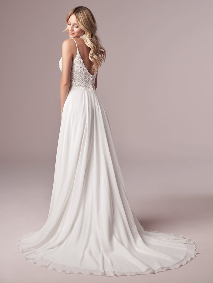 Model Wearing Chiffon A-line Beach Wedding Gown Called Lorraine by Rebecca Ingram
