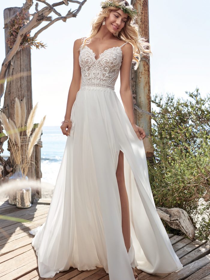 White chiffon beach sale wedding dress