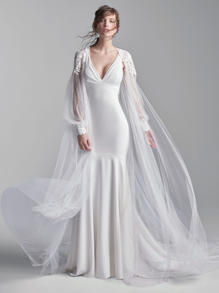 Model Wearing Simple Halter Back Bridal Dress Called Anthony by Sottero and Midgley with Tulle Cape