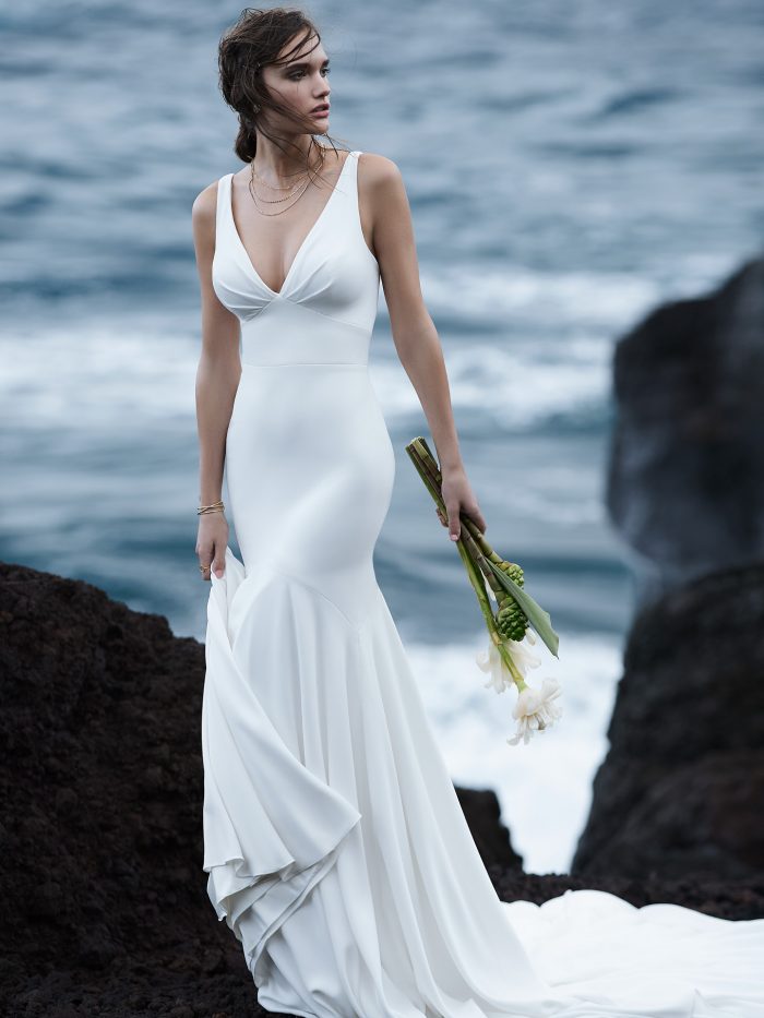 Model on Beach Simple Halter Back Bridal Dress Called Anthony by Sottero and Midgley