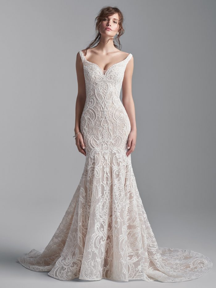 Model Wearing Beaded Lace Sheath Wedding Dress Called Elias by Sottero and Midgley
