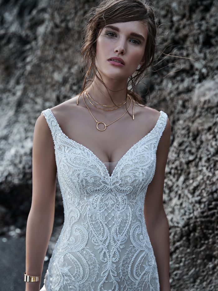 Model Wearing Beaded Lace Sheath Wedding Dress Called Elias by Sottero and Midgley