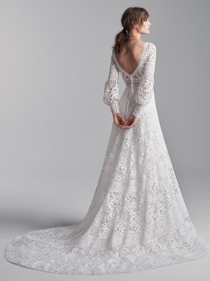 Model From Back Wearing Lace Bishop Sleeve A-line Wedding Dress Called Finley by Sottero and Midgley