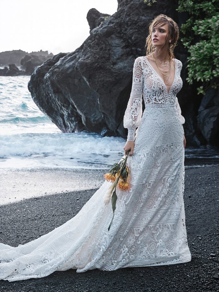 Bride on Beach Wearing Lace Bishop Sleeve A-line Wedding Dress Called Finley by Sottero and Midgley