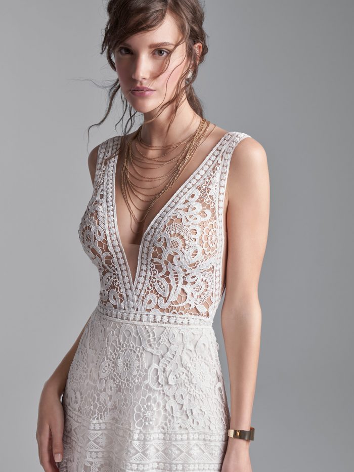 Model Wearing Boho Lace A-line Wedding Gown Called Finley Dawn by Sottero and Midgley