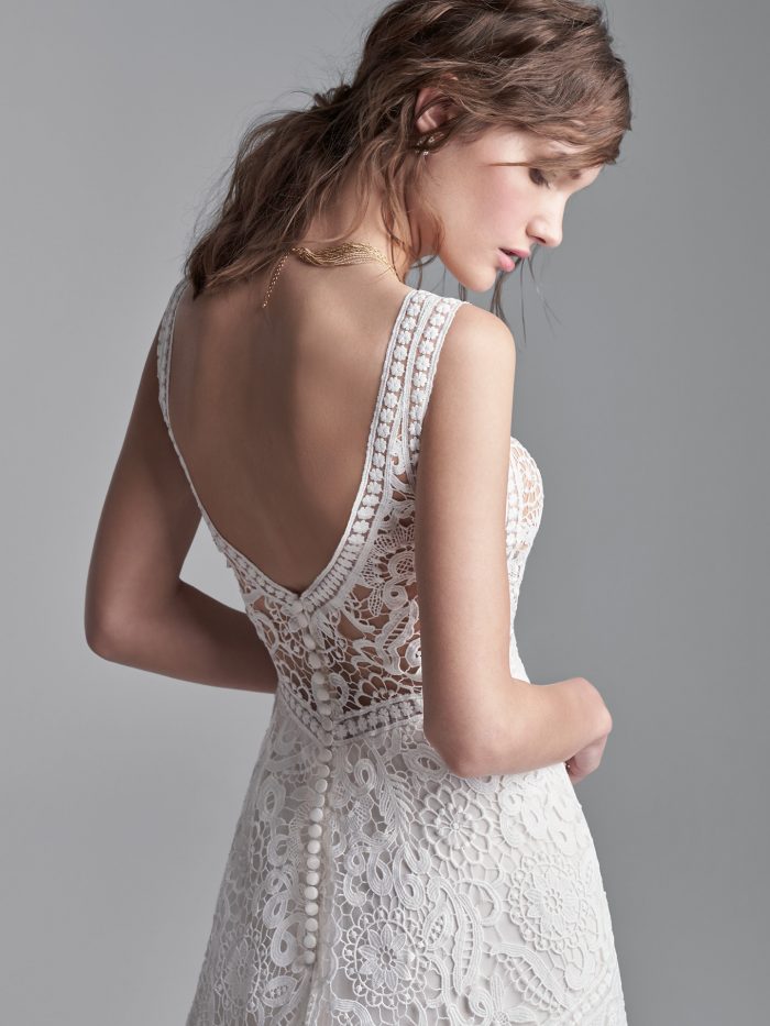 Model Wearing Sleeveless Boho A-line Wedding Gown Called Finley Dawn by Sottero and Midgley