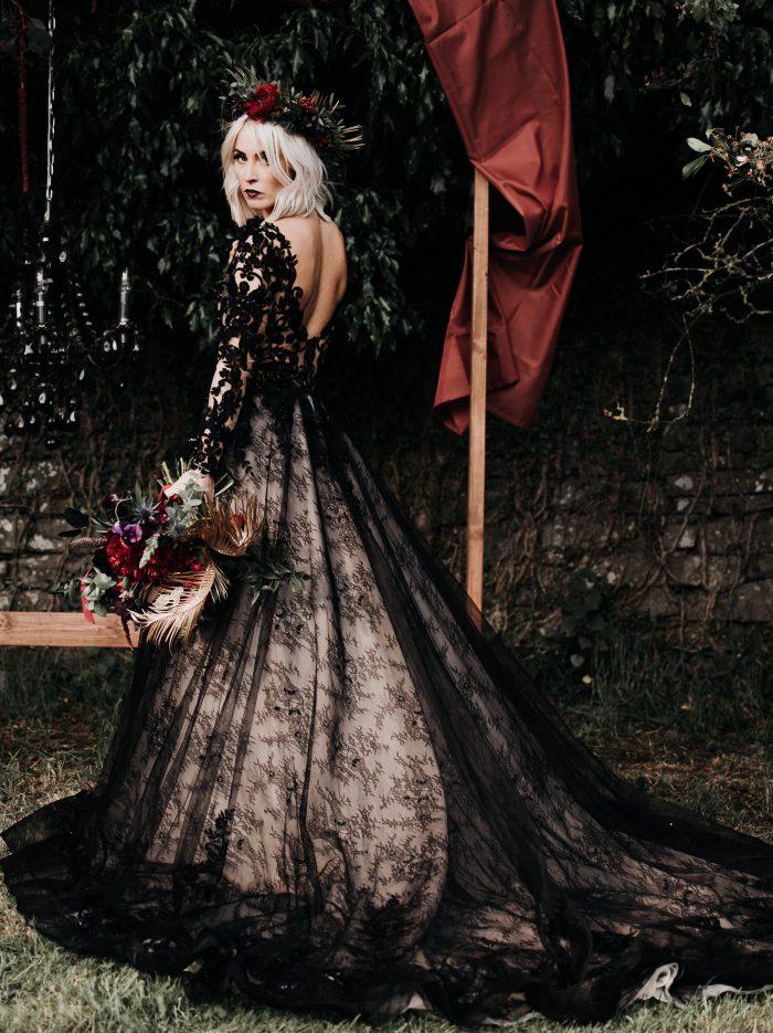 Bride Wearing Gothic Black Bridal Gown and Makeup 