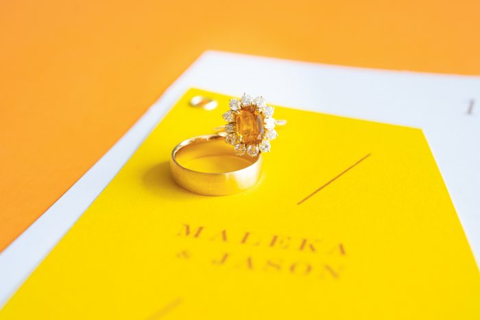 Sapphire Engagement Ring on Yellow Wedding Invitations
