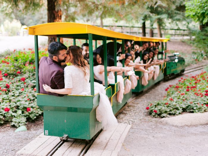 Wedding Party Riding Mini Train at Wedding with Real Bride and Groom