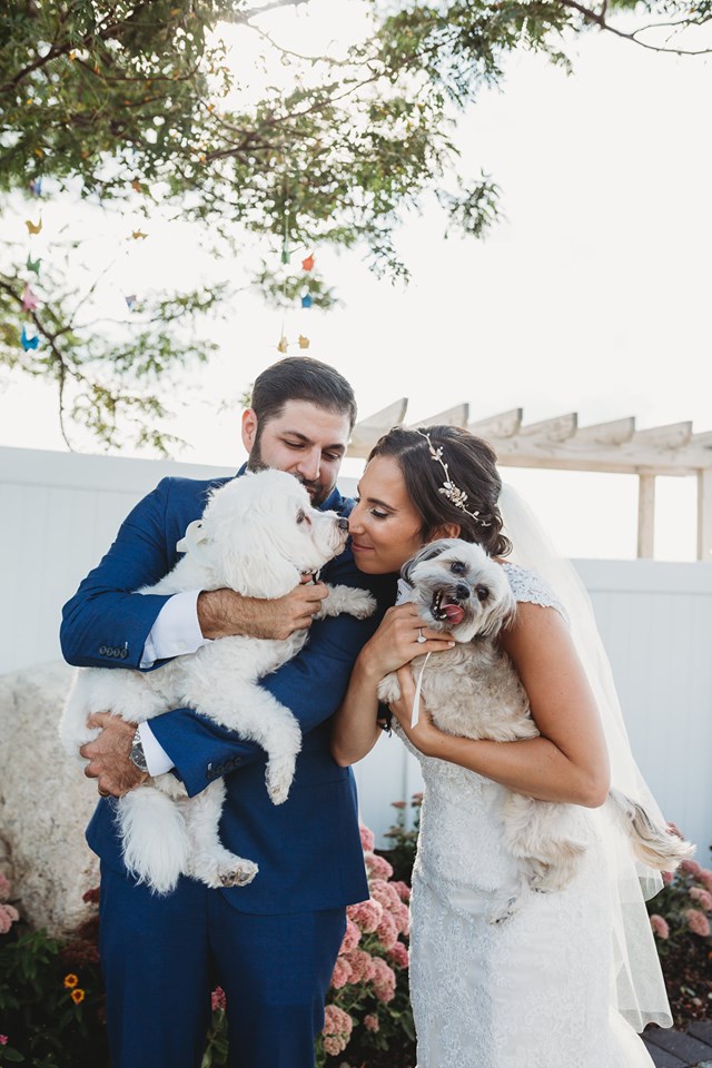 Real Bride and Groom Holding Their Two Dogs During Wedding Poses for Photo Session
