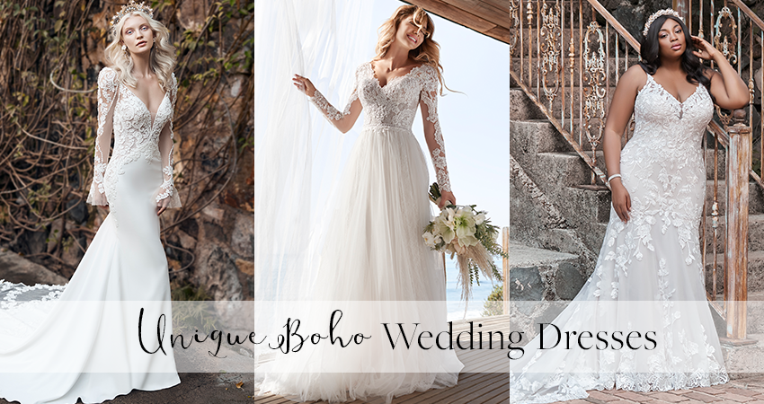 Collage of Three Models Wearing Unique Boho Wedding Dresses by the Beach