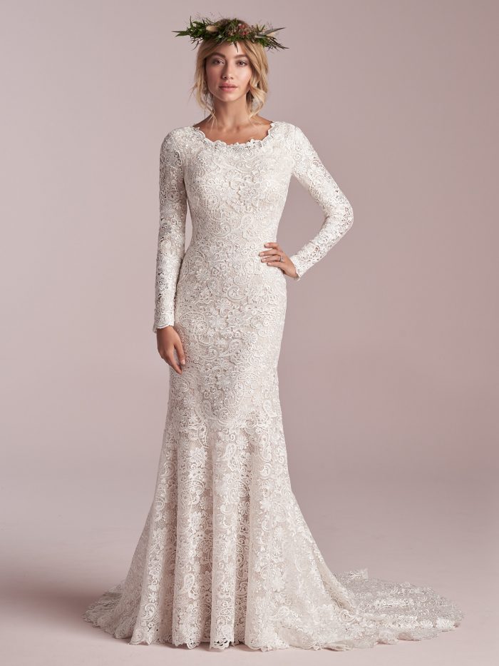 Model Wearing Modest Long Sleeve Boho Wedding Dress Called Hope Leigh by Rebecca Ingram