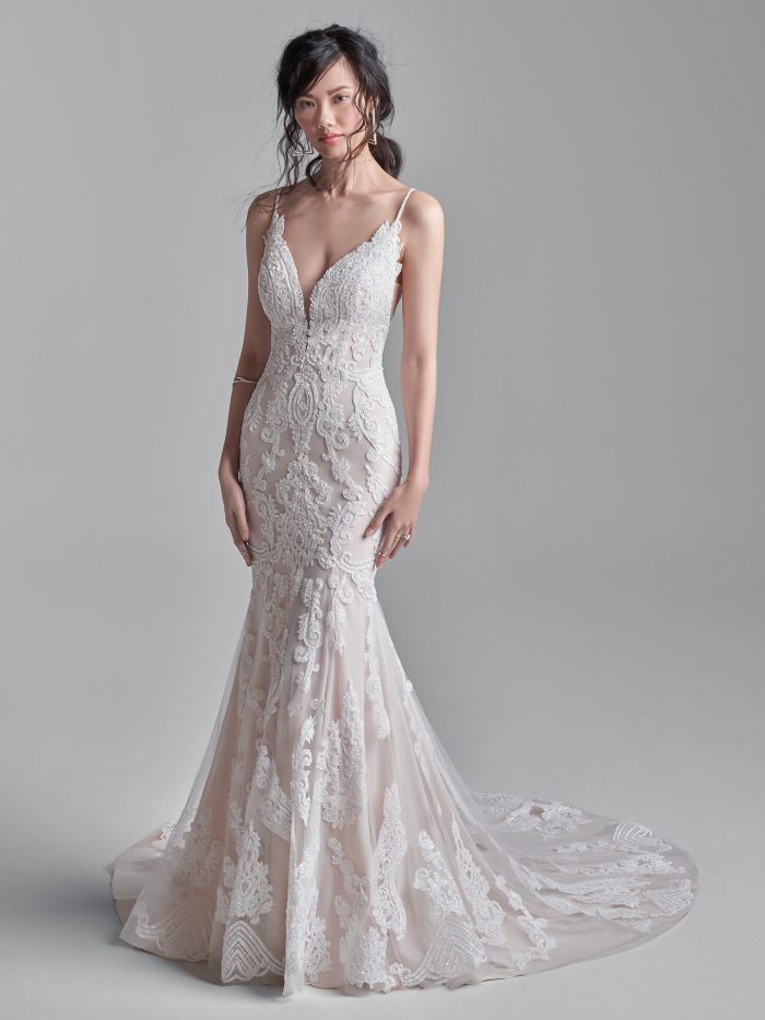 Model Wearing Sexy Sheath Bridal Gown Called Fairfax by Sottero and Migley