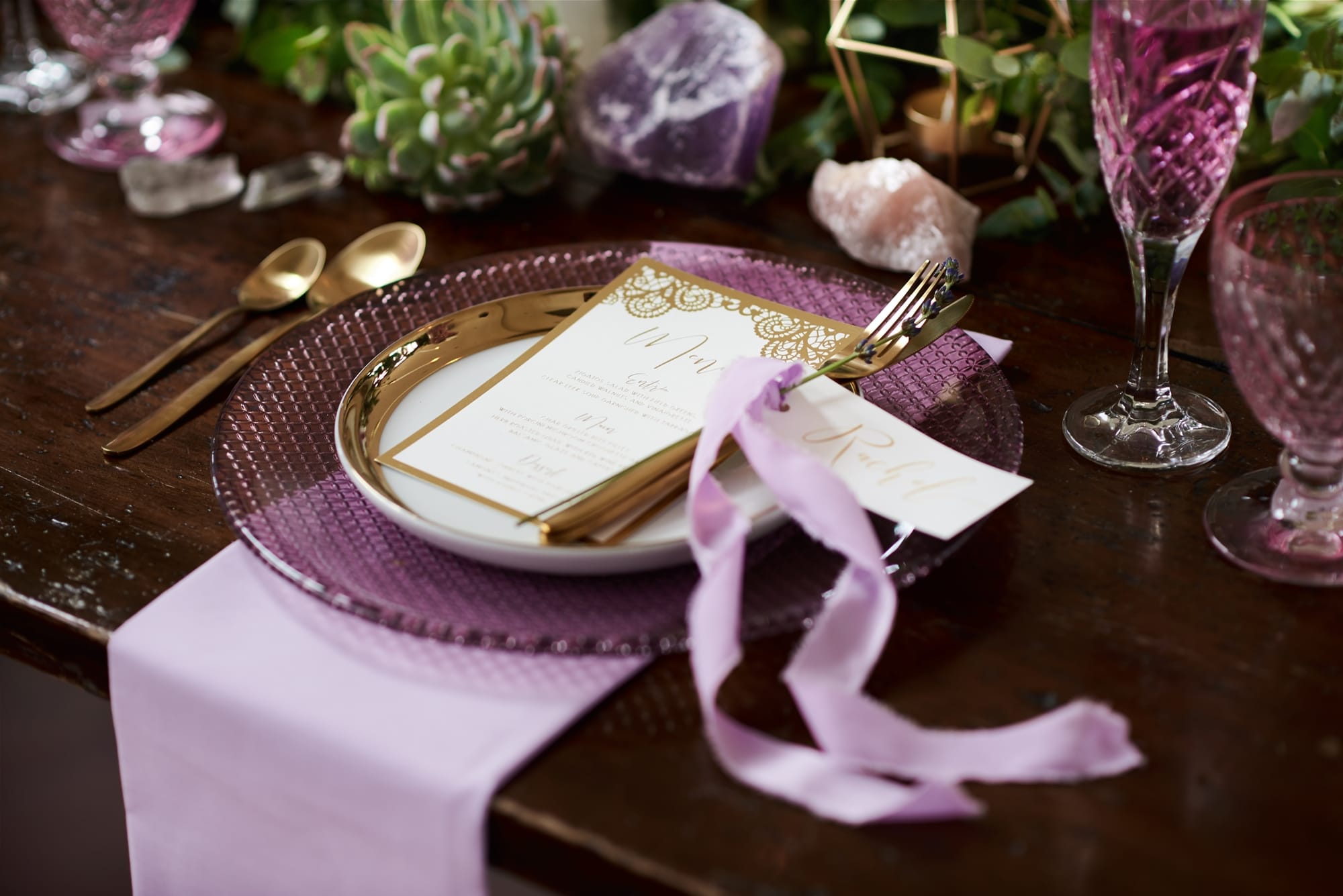 Amethyst and Lavender Styled Shoot Featuring Sleeve Wedding Dress