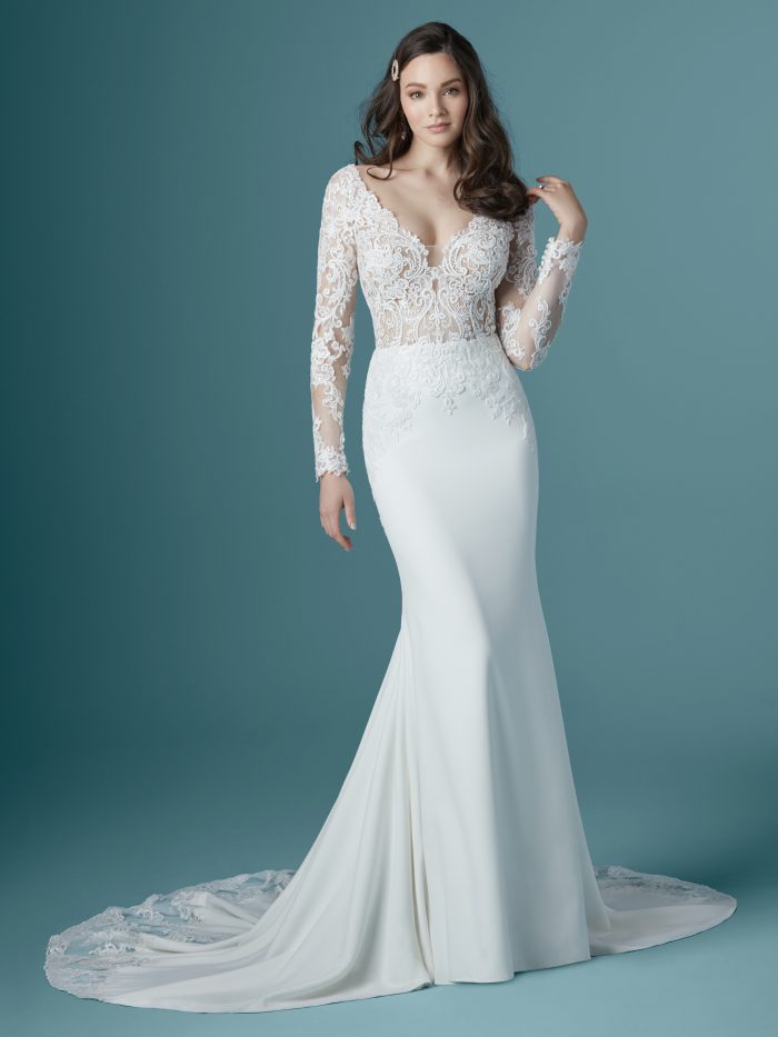 Model Wearing Ivory Sheath Bridal Gown Called Althea by Maggie Sottero