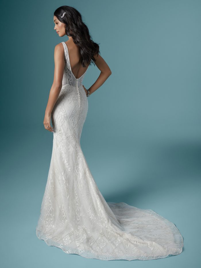 Model Wearing Art Deco Wedding Dress with V-back Called Elaine by Maggie Sottero